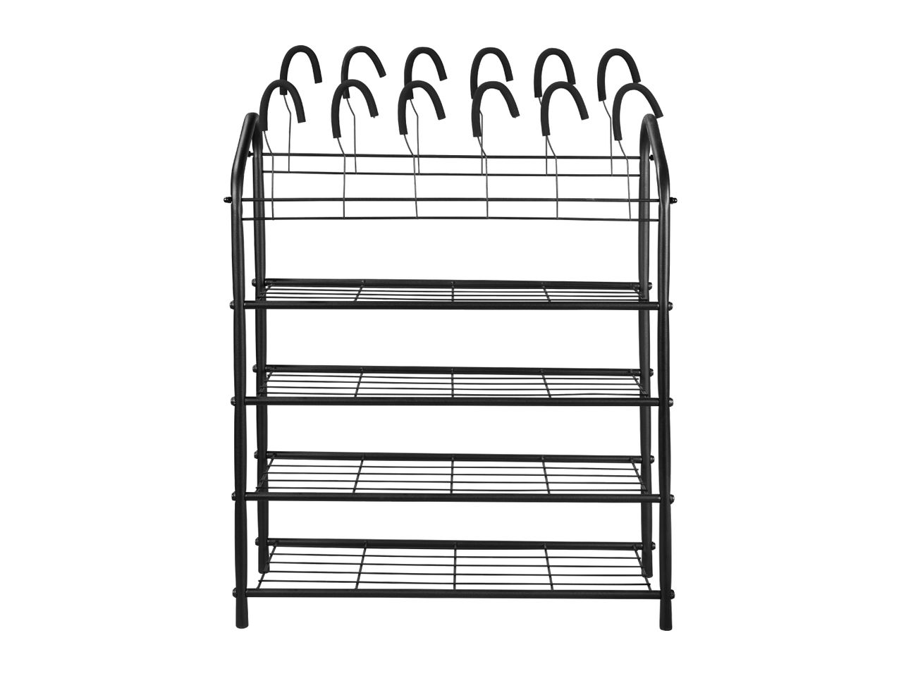 Black metal shoe rack with five shelves and boot hangers on top