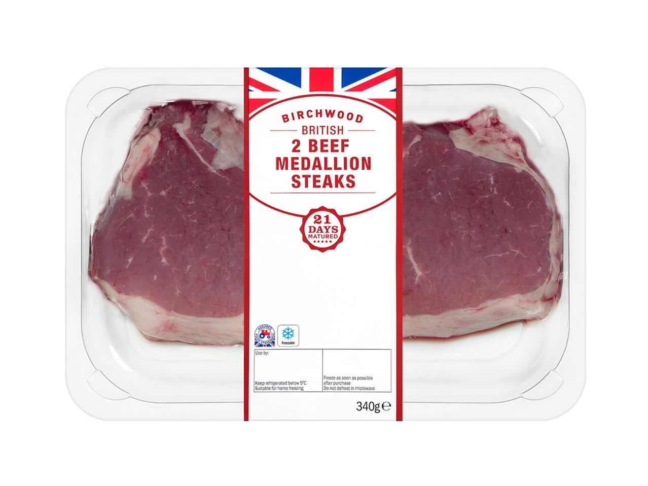 Two Birchwood beef medallion steaks, 21 days matured.