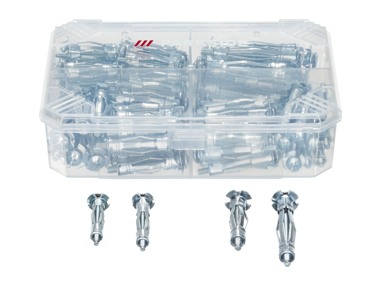 A clear plastic box filled with various metal hollow wall anchors, with four anchors displayed below.