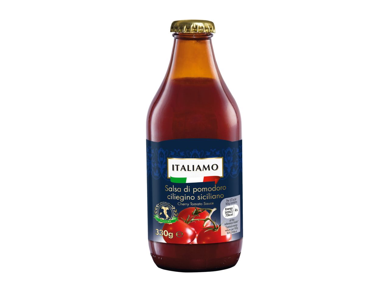 Bottle of cherry tomato sauce with a blue label and nutritional information.