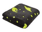 Dark gray glow-in-the-dark blanket with space-themed designs