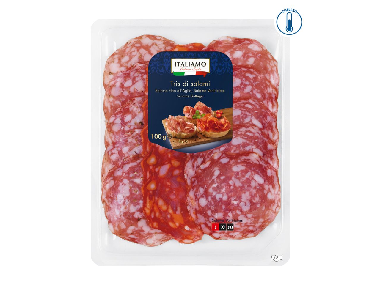 A package of Italian brand Tris di Salami, including Salame Fino all'Aglio, Salame Ventricina, and Salame Bottega.