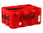 Paket 12 rdečih pločevink Coca-Cola Zero Sugar, 150 ml, z oznako 'NEW TASTE' in informacijami o hranilni vrednosti.