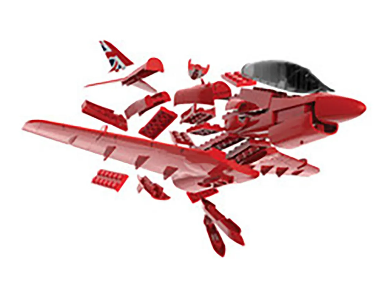 Exploded view of a red toy airplane model kit with many small parts.