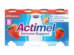 Strawberry yogurt drinks, 8-pack, with immune support, vitamins D+B6, and L. casei cultures.