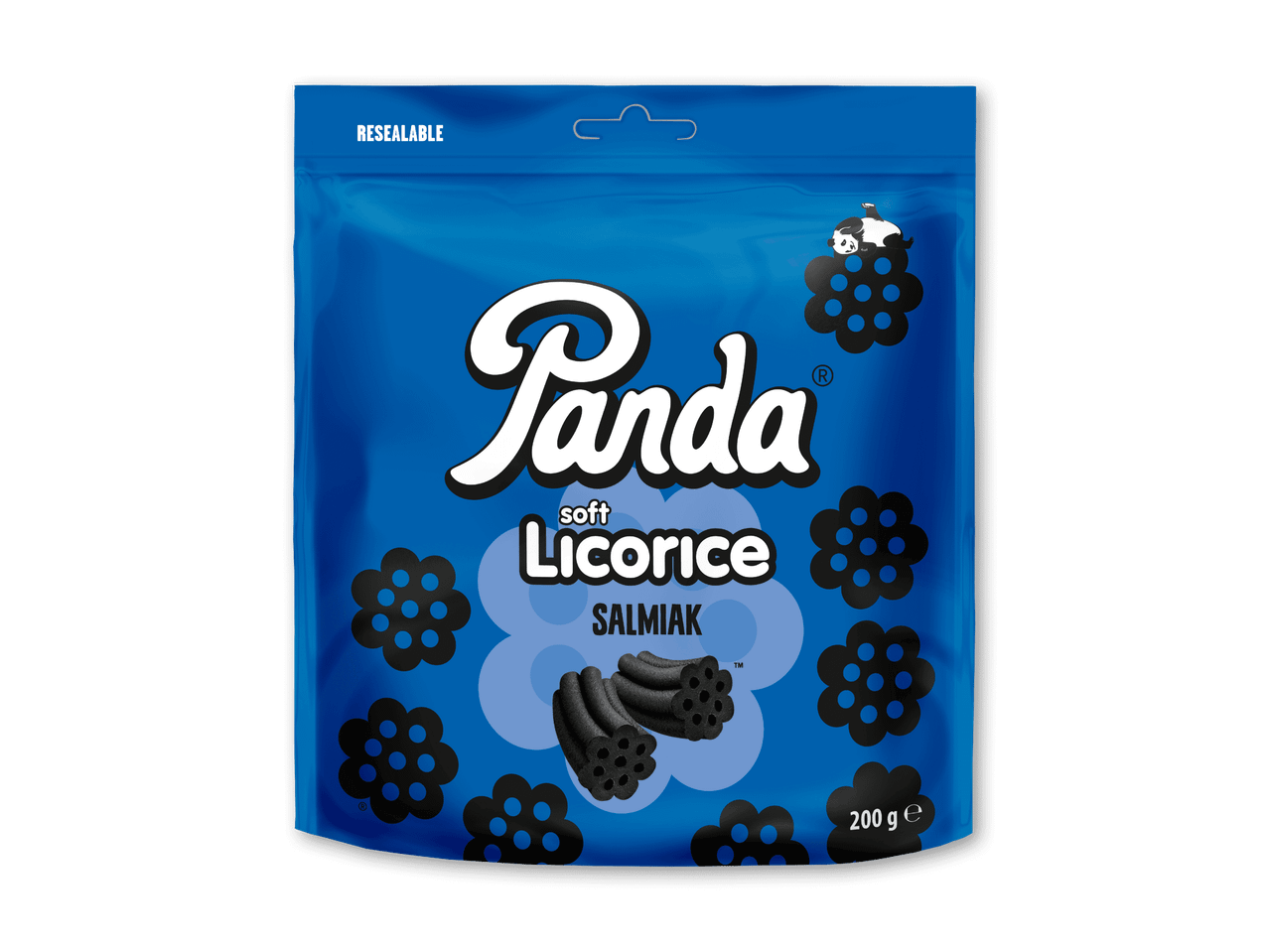 Blå pose med blød lakrids og salmiak, dekoreret med sorte blomster og en panda.