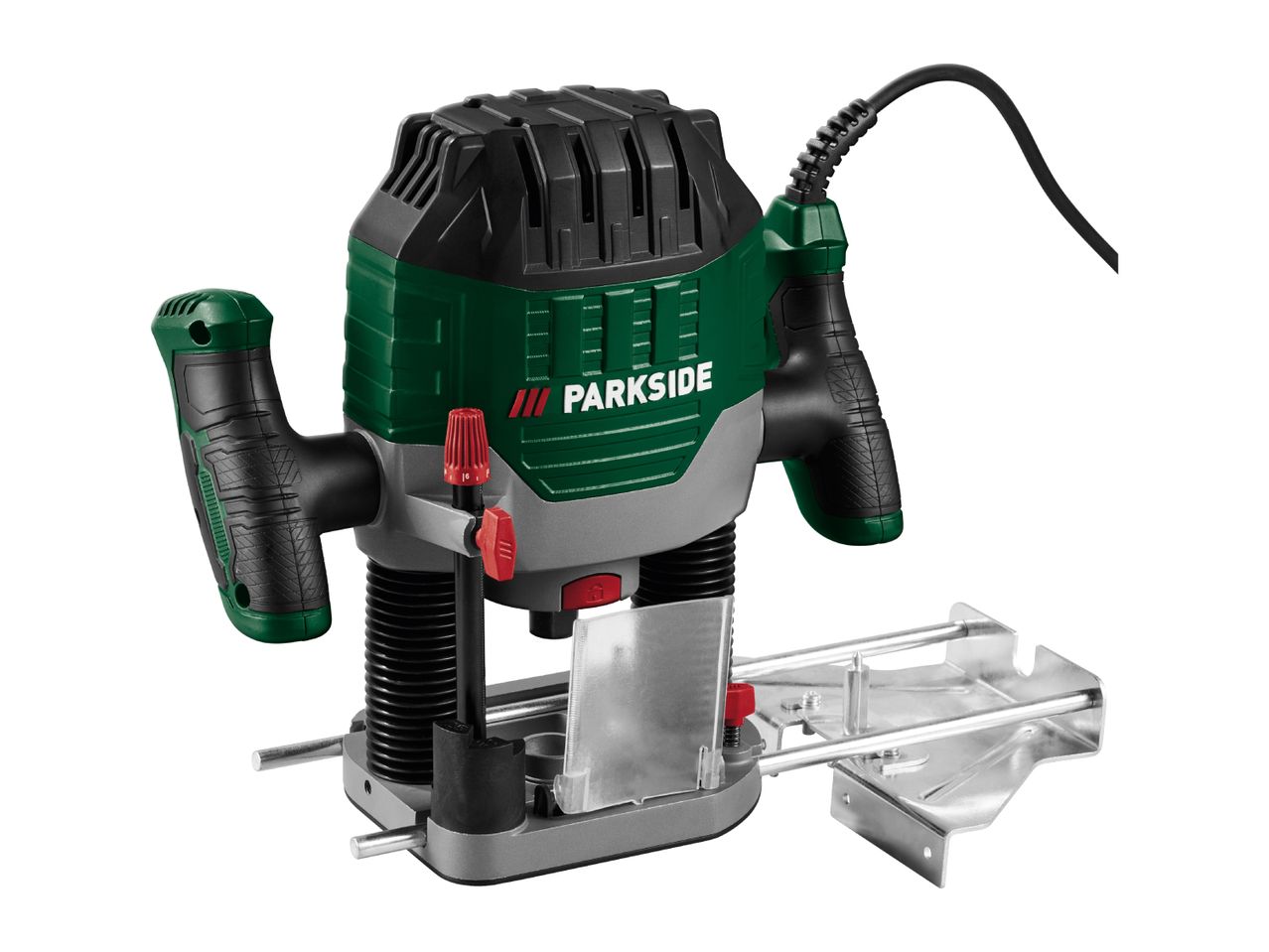 Green and black plunge router with a parallel guide attachment on a white background.