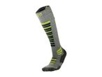 A single grey ski sock with neon yellow and dark green stripes and accents.