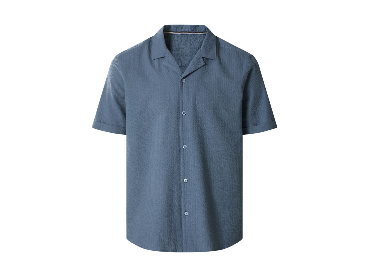 Men's short-sleeved blue shirt with a textured fabric and an open collar.