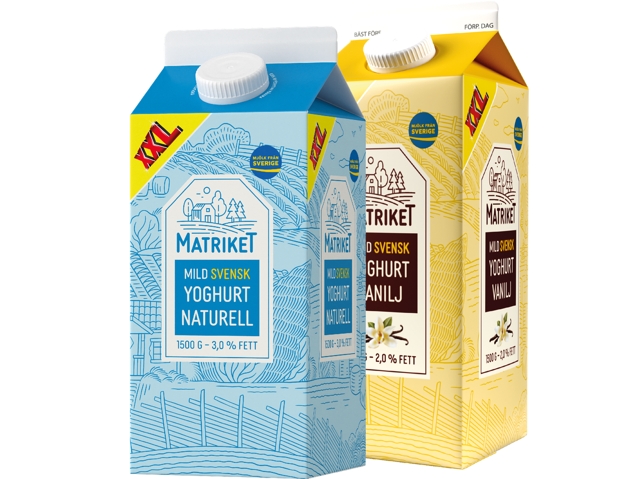Två mjölkpaket med mild svensk yoghurt, en naturell och en med vaniljsmak.