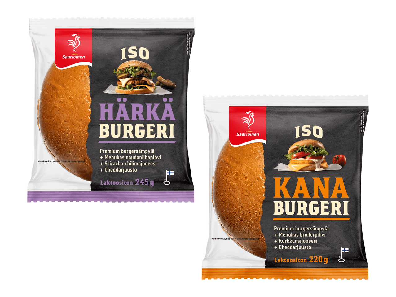 Saarioinen ISO nauta- ja kanaburgerit, premium sämpylöillä.