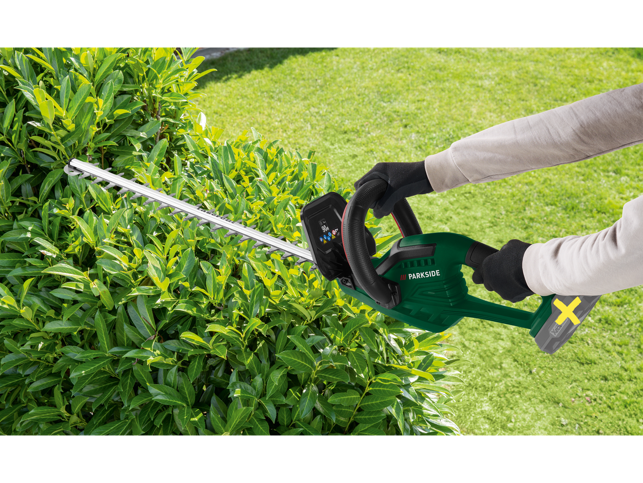 Osoba podrezuje živu ogradu Parkside® 20 V akumulatorskim makazama za živu ogradu