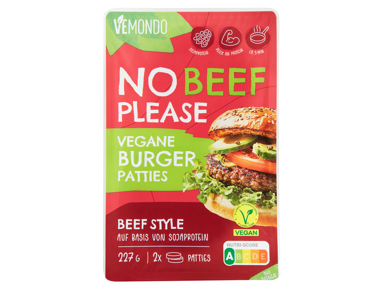 Vemondo No Beef Please vegane Burger Patties, Beef Style, auf Sojaproteinbasis.