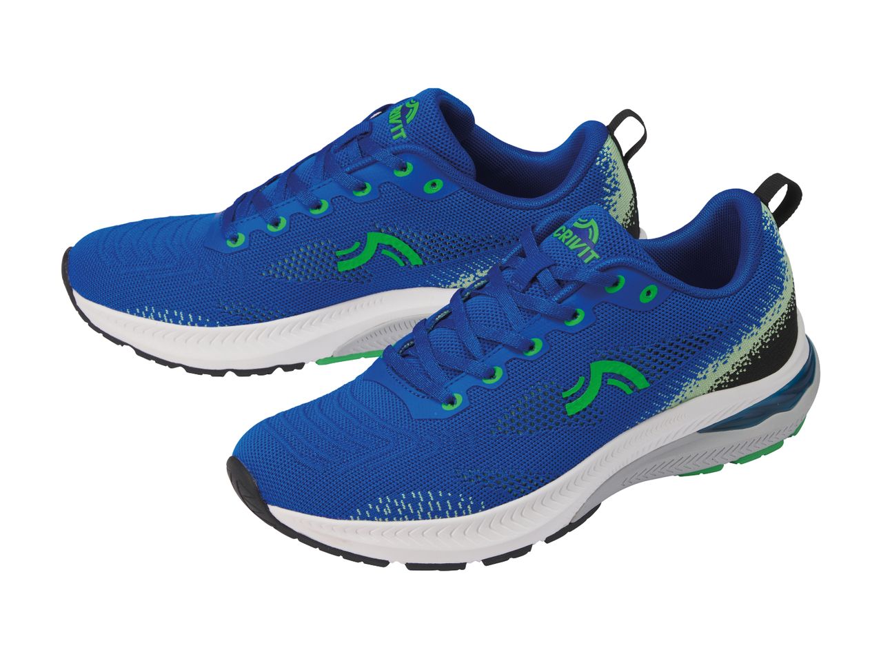 A pair of blue Crivit running shoes with green accents.