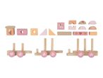 Wooden toy train with pastel-colored building blocks featuring animals, leaves, and shapes.