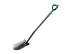 A black and green digging spade with a D-handle.