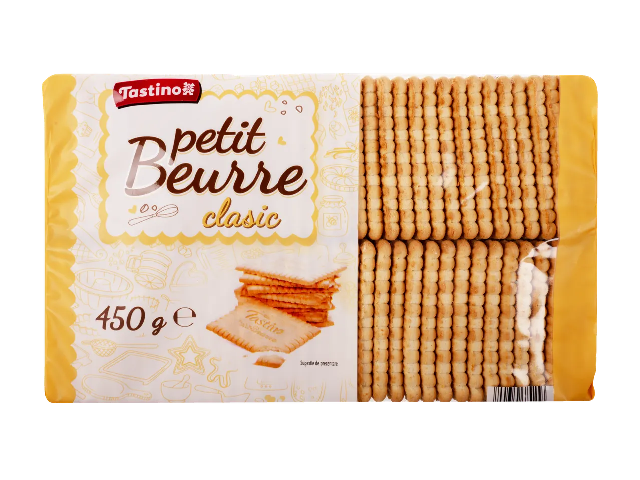 Biscuiți Tastino Petit Beurre Classic într-un ambalaj galben și alb.