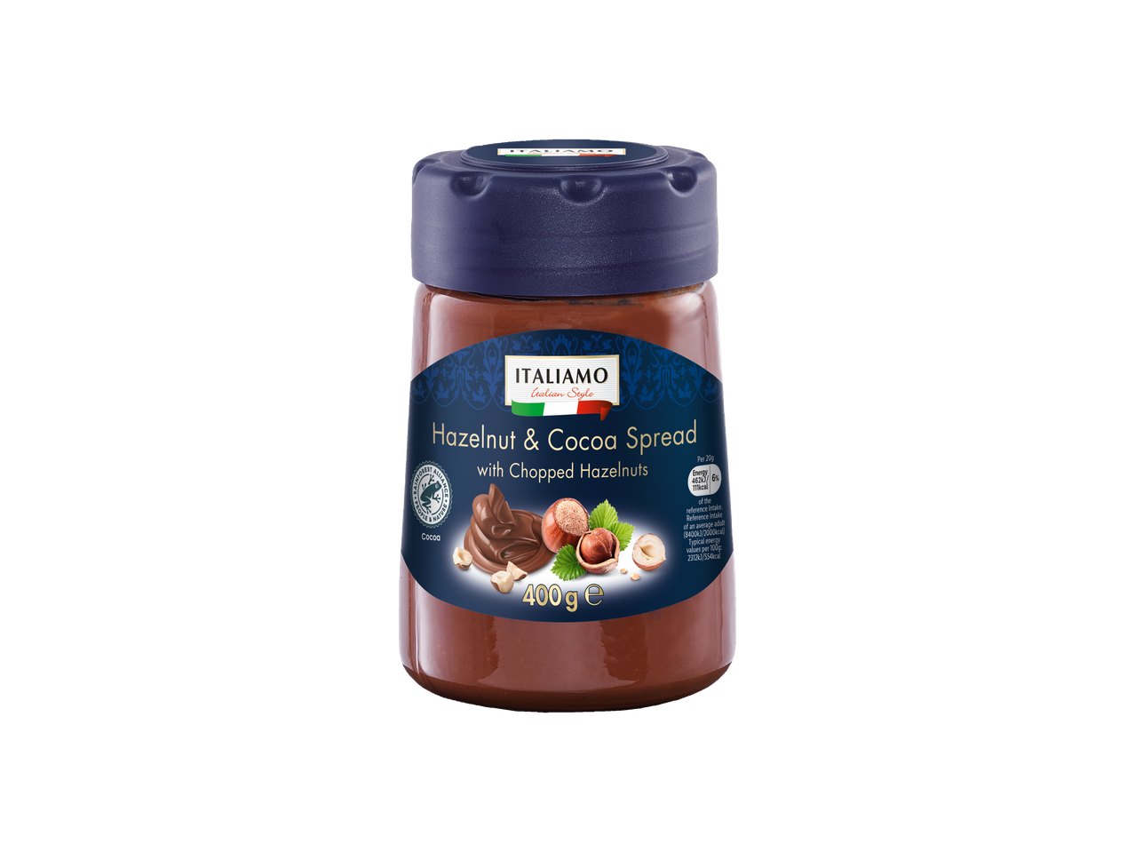 Italiamo Hazelnut & Cocoa Spread with Chopped Hazelnuts, 400g jar.