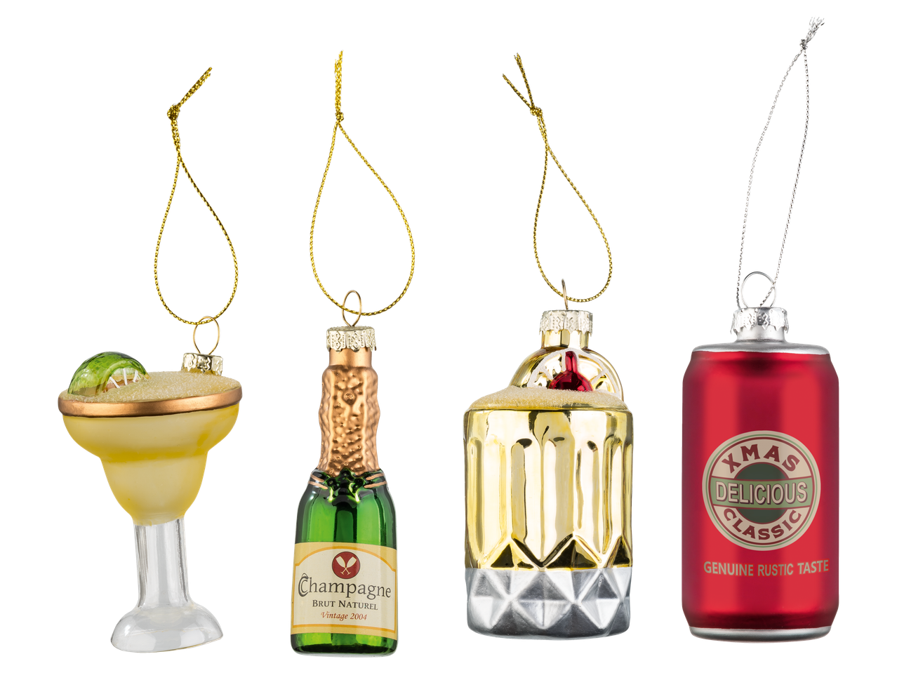 Livarno Home kalėdiniai papuošimai: kokteilis, šampanas, viskis ir gaivusis gėrimas.