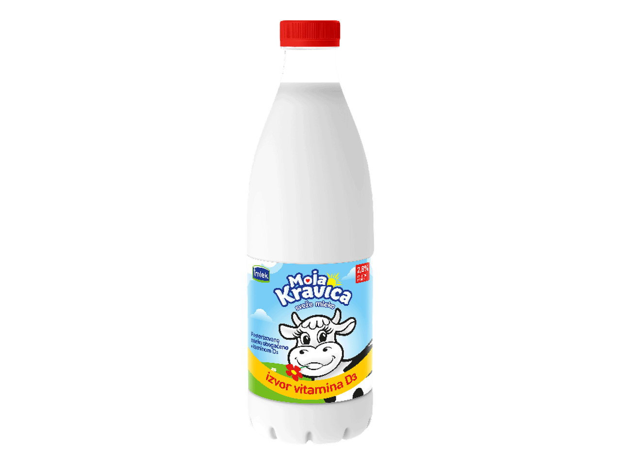 Boca mleka sa crvenim čepom i etiketom sa kravom, natpisom „sveže mleko“ i „izvor vitamina D3“.