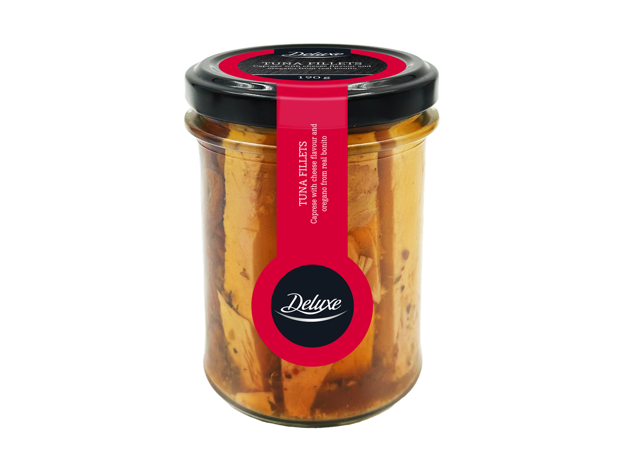 Bocal de filets de thon à la saveur de fromage Caprese et d'origan, 190g.