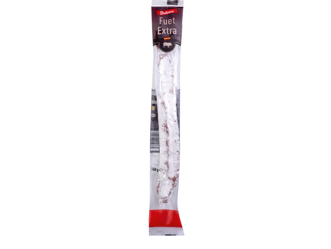 Salam Dulano Selection Fuet Extra, 160g, în ambalaj transparent cu accente roșii.