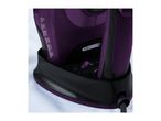 A purple and black steam iron with various feature icons on its side, resting on a white surface.