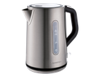 Stainless steel electric kettle with a water level indicator and black handle.