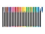 A row of colorful brush pens with black bodies and matching caps, arranged by color.