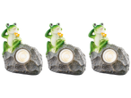 Three frog garden lights illuminate the darkness.