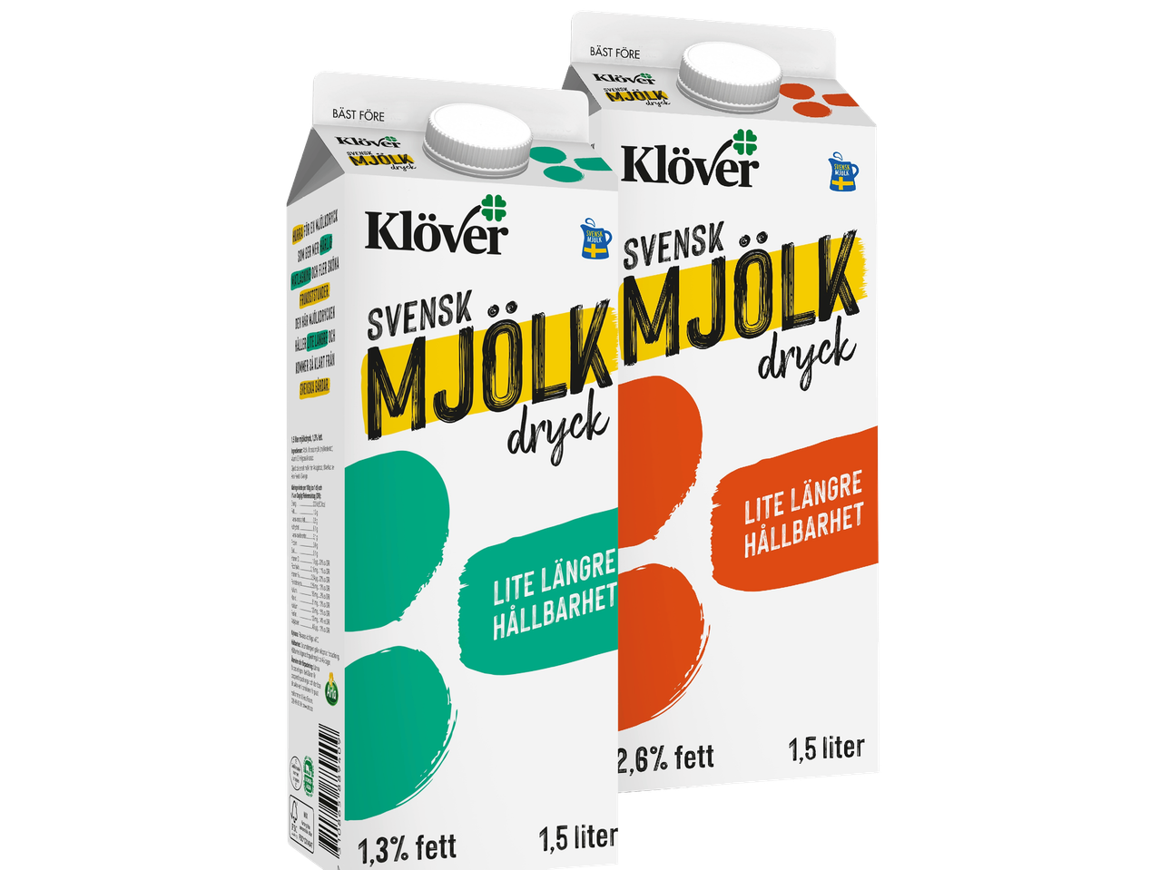 Två mjölkpaket med texten 'SVENSK MJÖLK dryck' och 'LITE LÄNGRE HÅLLBARHET'.