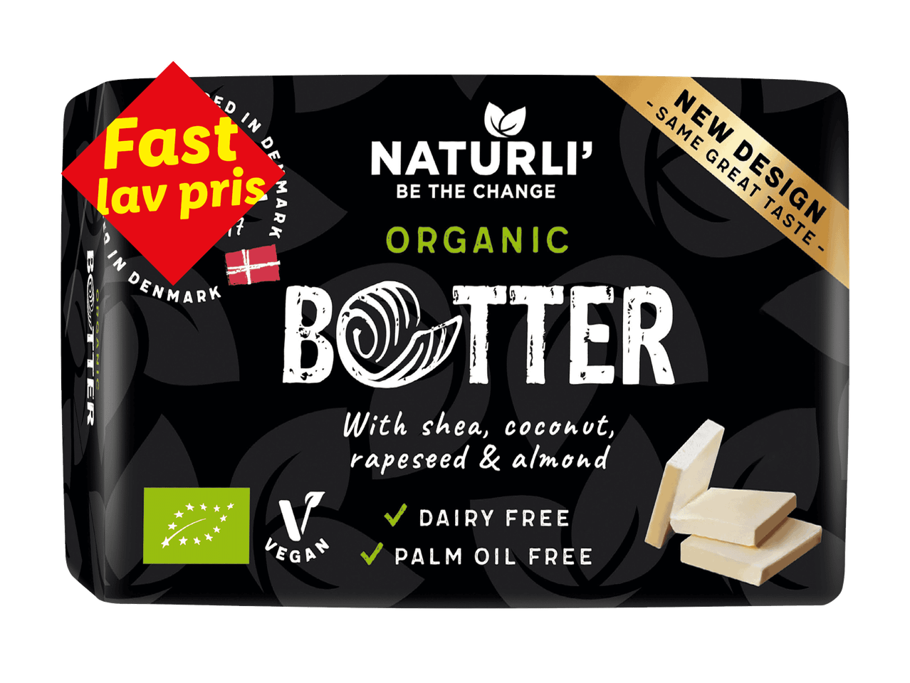 Vegansk smør med shea, kokos, raps og mandel, mærket 'Fast lav pris' og 'Nyt design'.