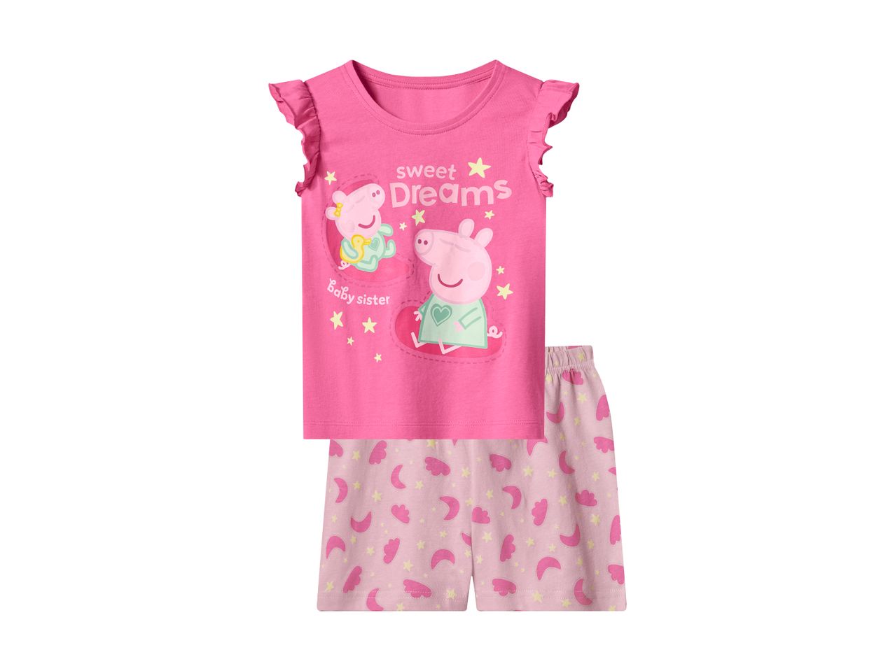 Lyserødt nattøjssæt med Peppa Pig og Baby Sister-tryk, stjerner og måner.