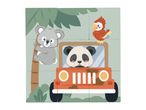 Children's puzzle with a koala, panda in a jeep, and a parrot in a jungle scene.