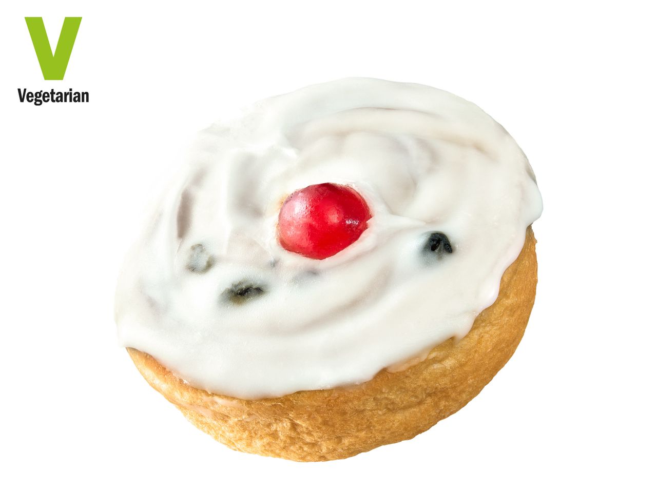 Vegetarian cake with white icing and cherry.