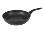 Black frying pan with a speckled non-stick coating and a black handle.