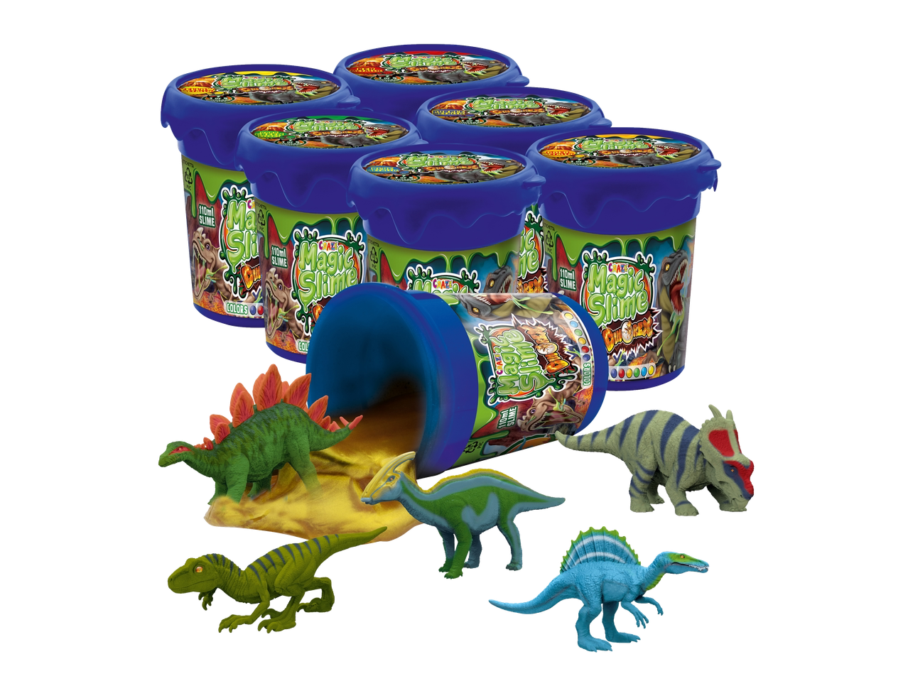 CRAZE Magic Slime komplekts ar dinozauriem, ieskaitot sešus traukus un sešas dinozauru figūriņas.