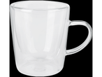 Caneca de vidro com alça.