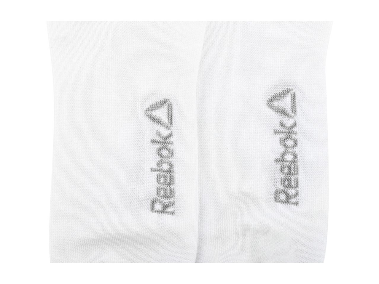 Pair of white socks with a grey logo on each sock.