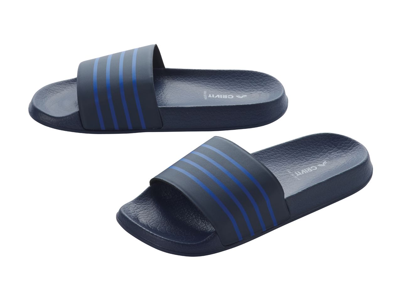 Two dark blue slide sandals with lighter blue stripes on the strap.