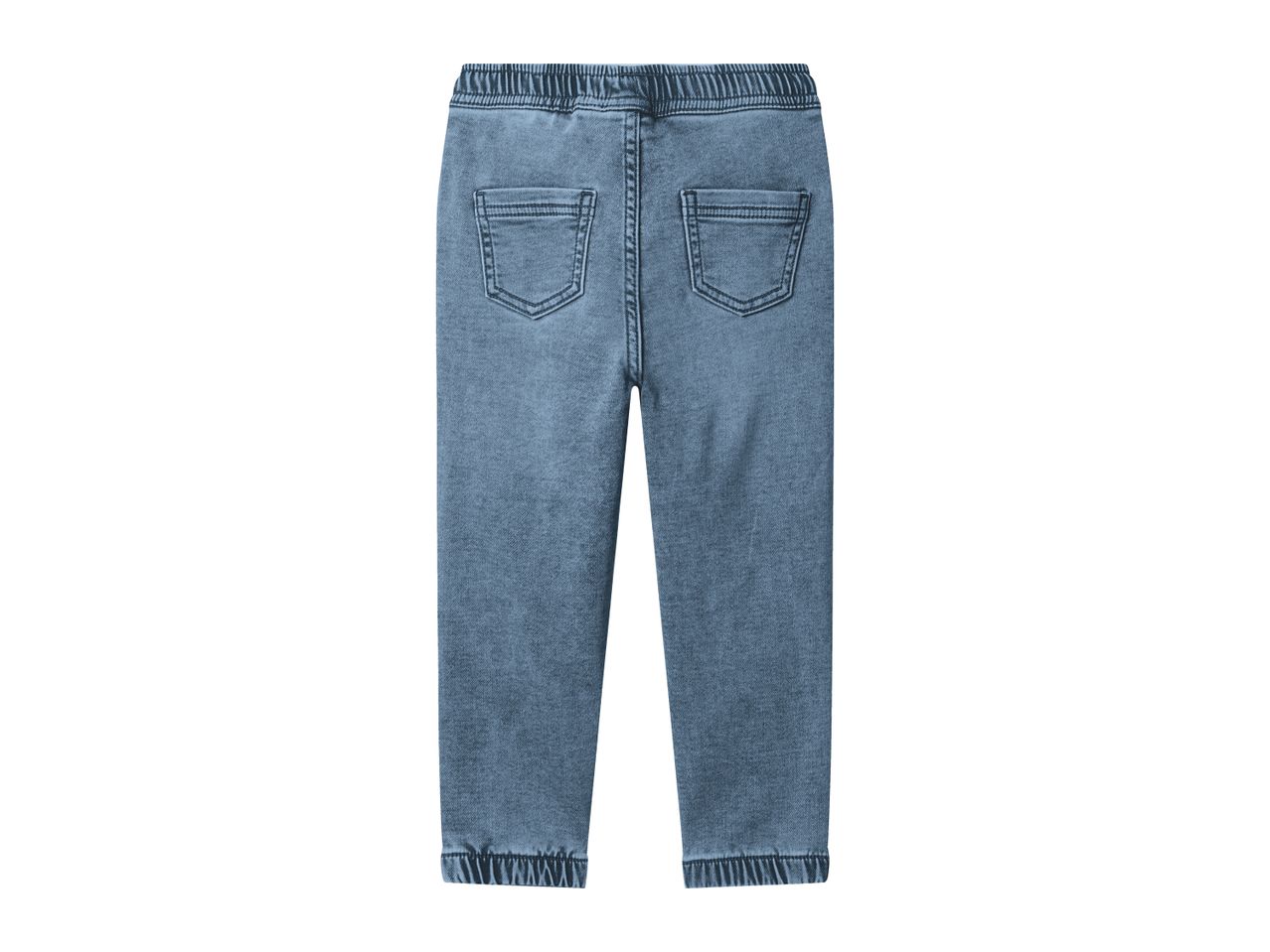 Back view of blue denim joggers with an elastic waistband and two back pockets.