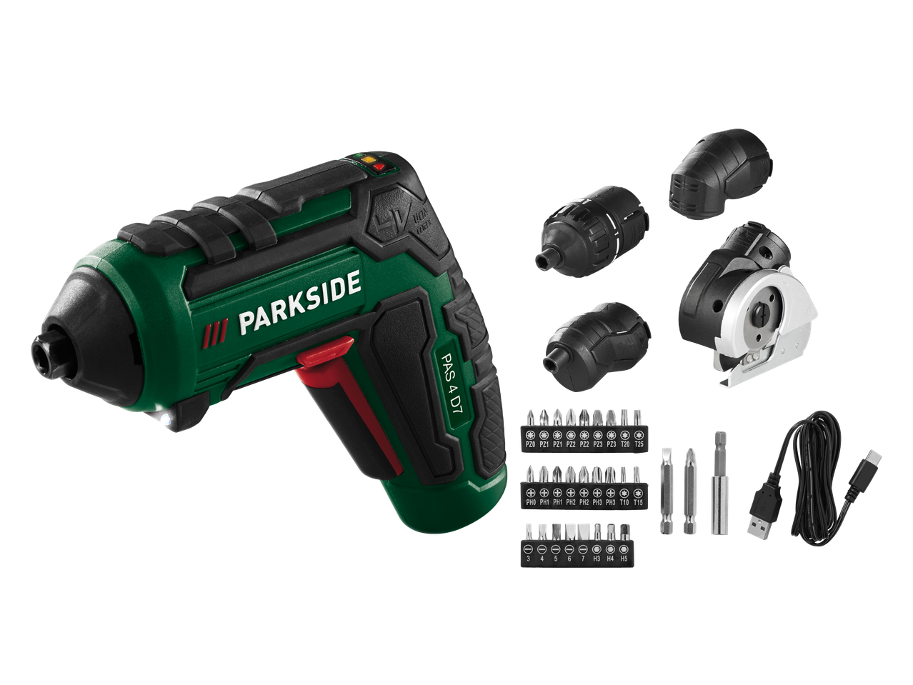 Akumulatorski odvijač s nastavcima, adapterima i USB kabelom za punjenje.