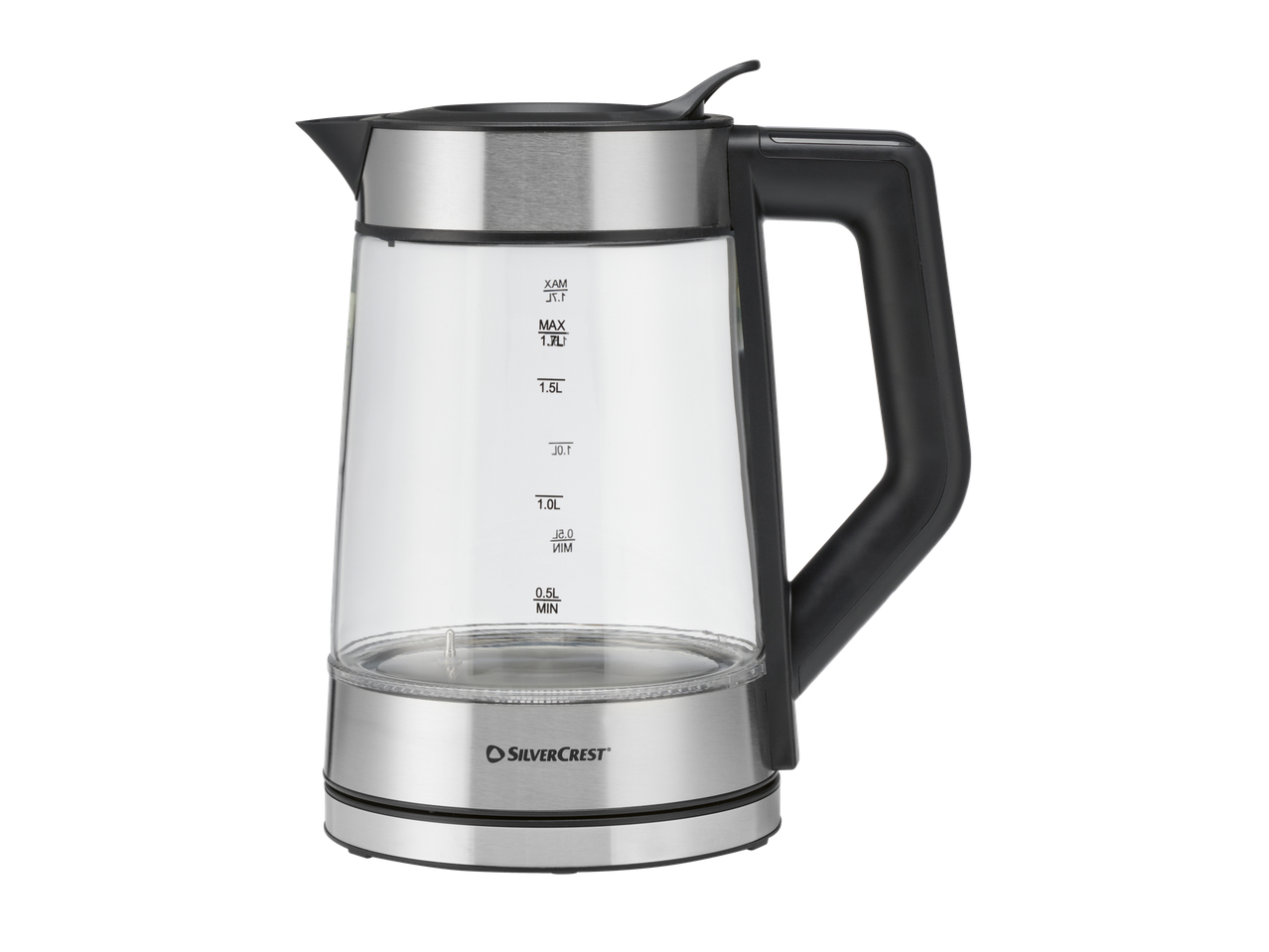 SILVERCREST® stikla tējkanna ar melnu rokturi un digitālo displeju.