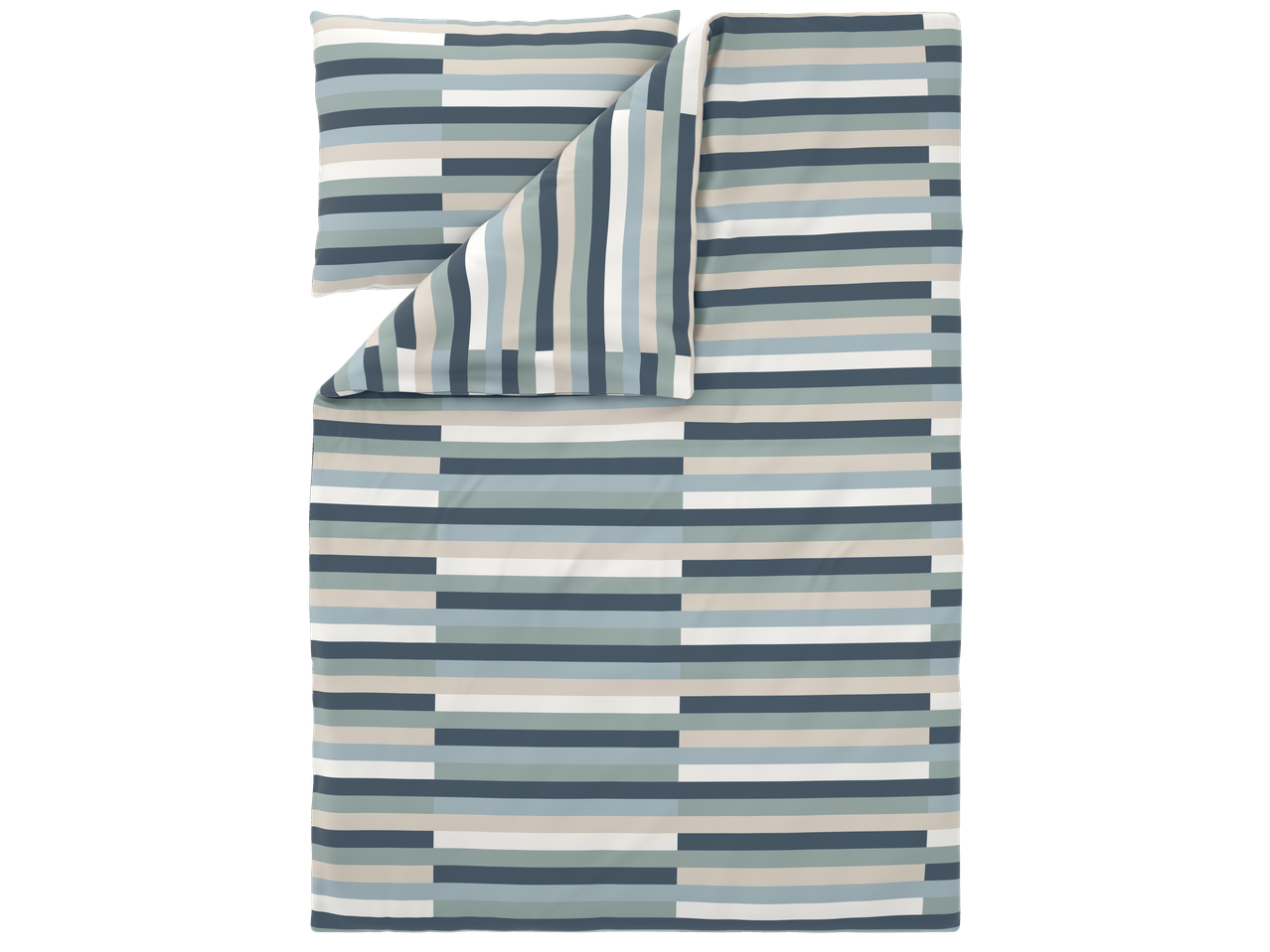 Livarno Microfibre Satin Bedlinen with a striped pattern in blue, grey, and beige.