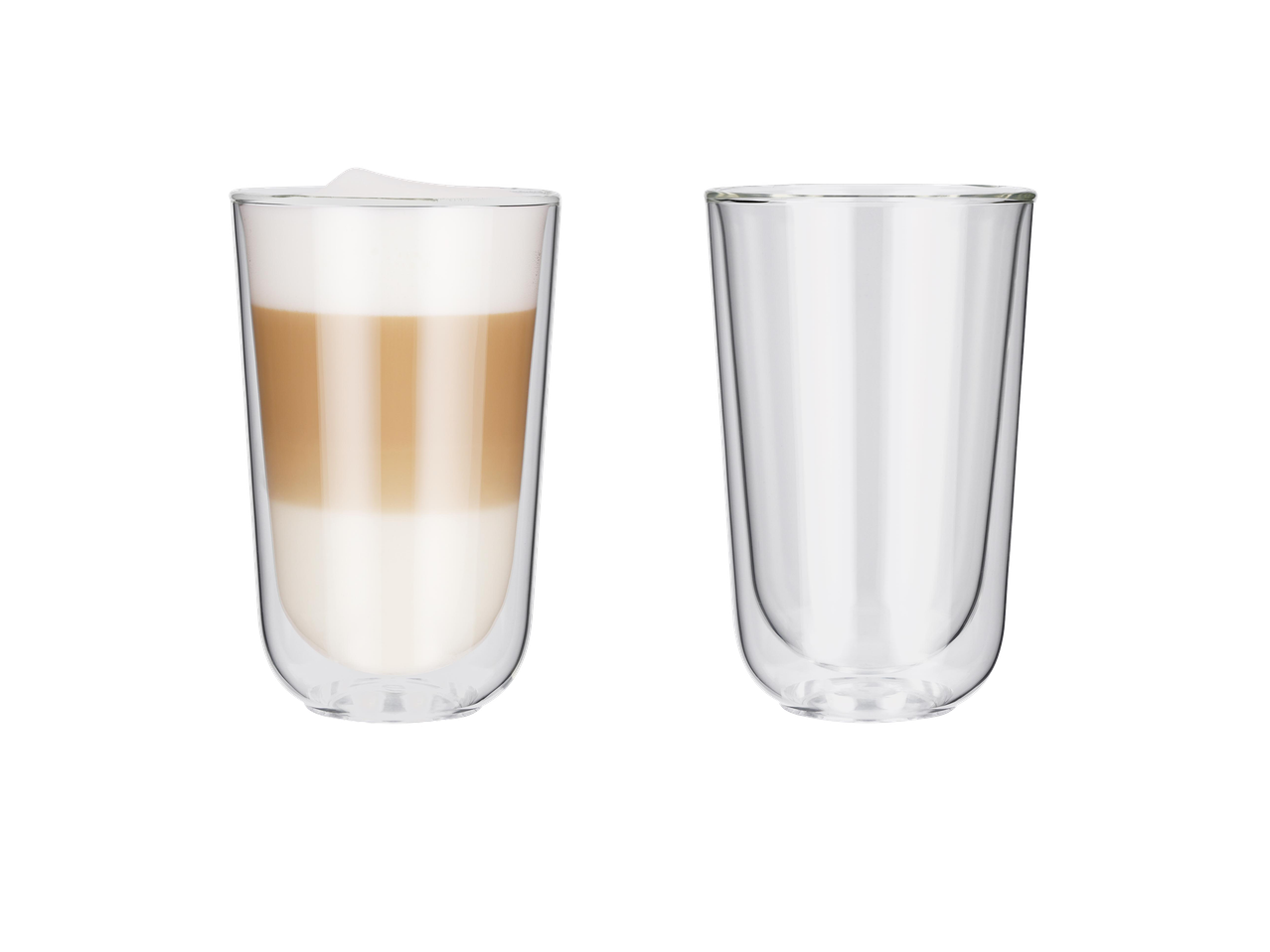Duplafalú üvegpohár latte macchiatóval és egy üres duplafalú üvegpohár.