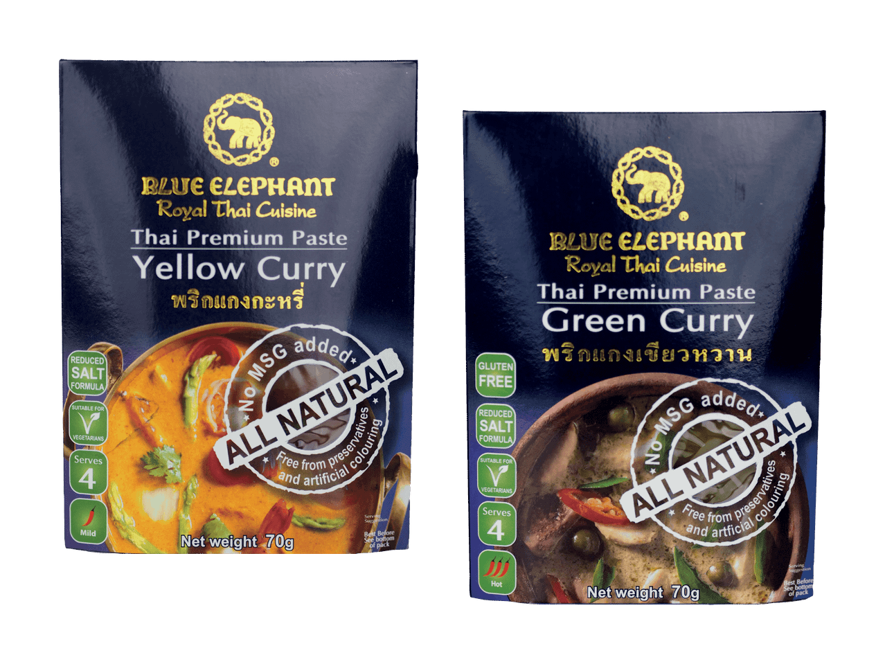 Zwei Packungen Blue Elephant Thai Premium Currypaste: Gelb und Grün.