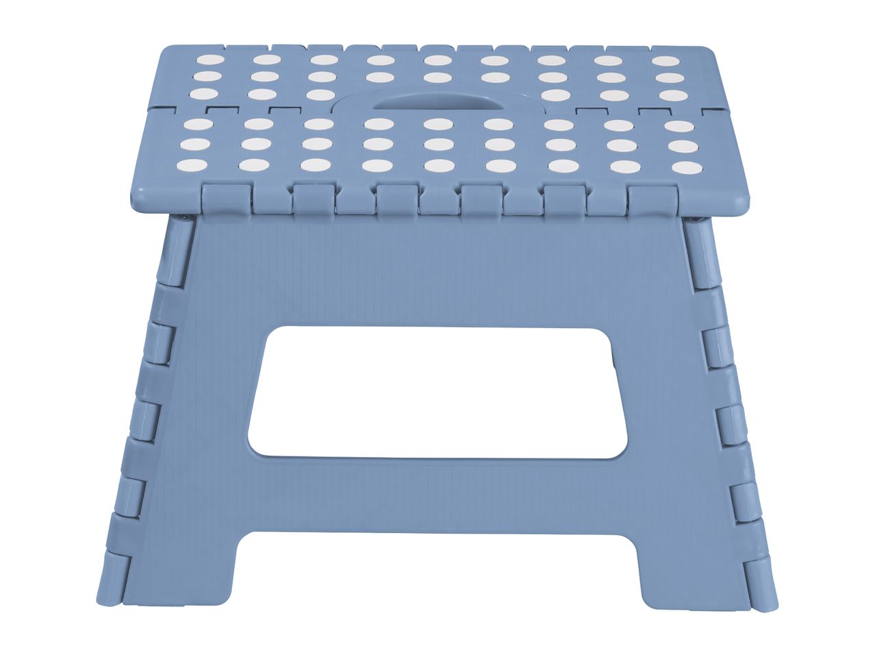 Blue foldable step stool with white anti-slip dots on the top surface.