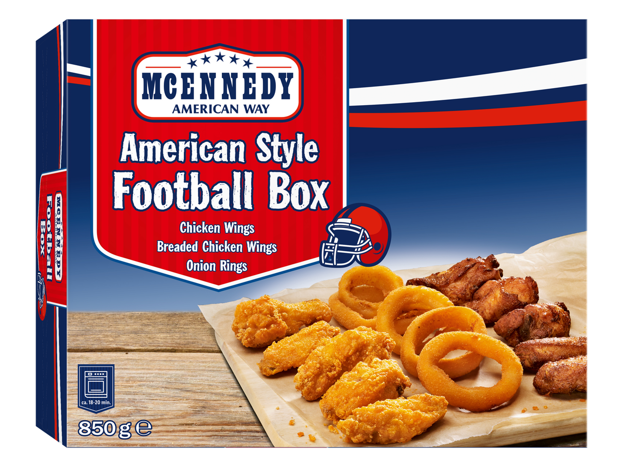 MCENNEDY American Style Football Box su vištienos sparneliais, apkeptais vištienos sparneliais ir svogūnų žiedais.