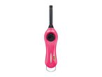 Pink utility lighter with a black igniter button and a long black nozzle.