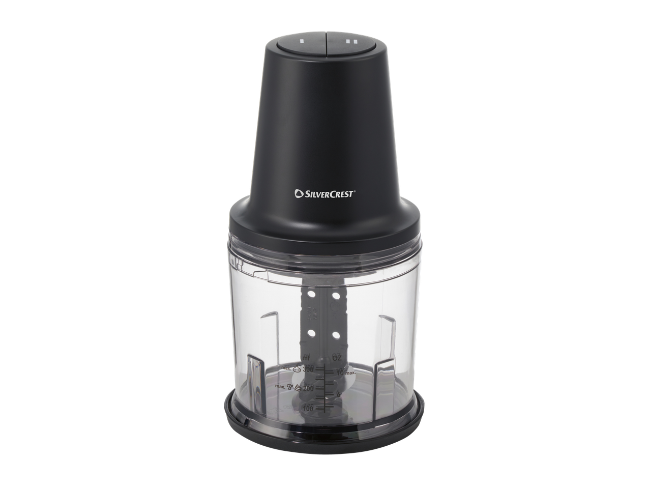 Višenamjenski sjeckalica Silvercrest® s prozirnom posudom i crnom bazom.